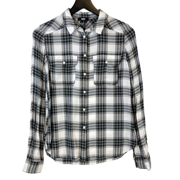 PAIGE XS Viscose Plaid Lightweight Button Down Flannel Shirt Black White - Picture 1 of 10